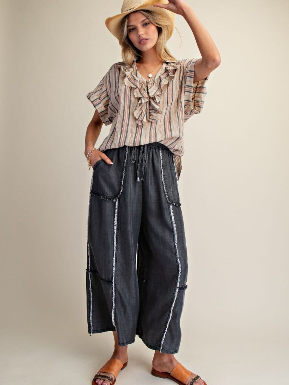 EASEL SELF FRAY WASHED CHAMBRAY PALAZZO PLUS PANTS 100% TENCEL